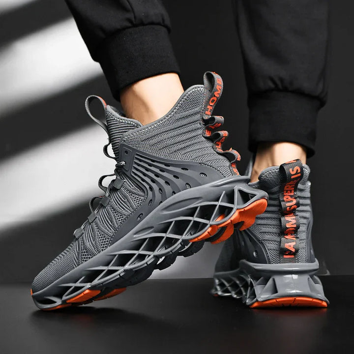 gray and orange futuristic men's athletic shoes with unique lattice sole design and knit upper