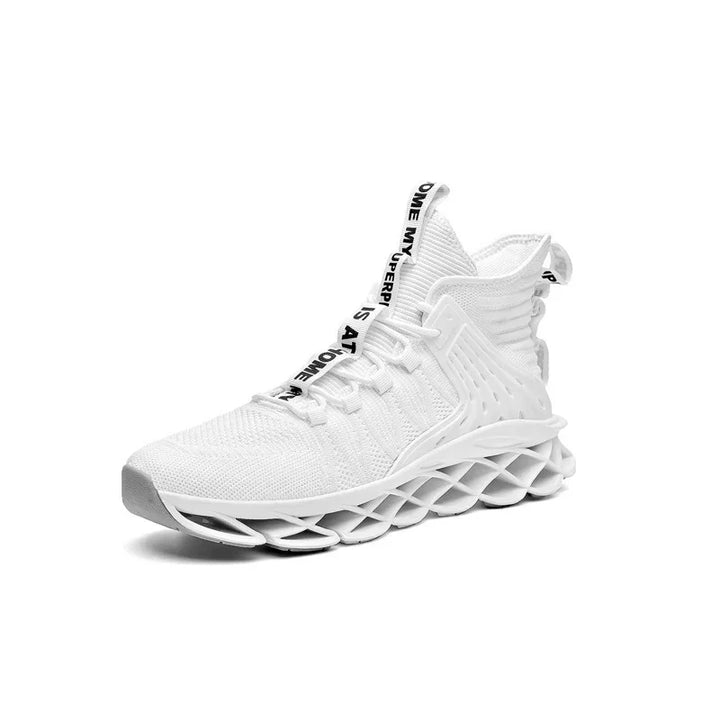 modern white athletic sneaker with breathable knit upper and unique lattice sole design