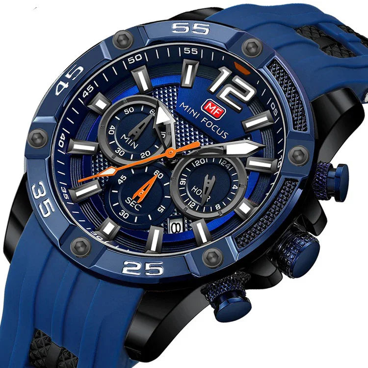 Blue Mini Focus men's sports wristwatch with chronograph, date display, and silicone strap