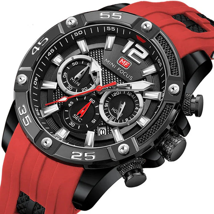 Mini Focus men's sports watch with black dial, red accents, and durable red silicone strap