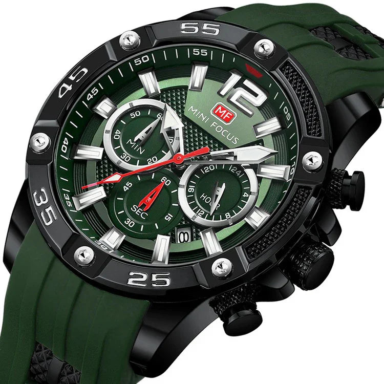 Mini Focus men's green dial chronograph watch with black bezel and green silicone strap
