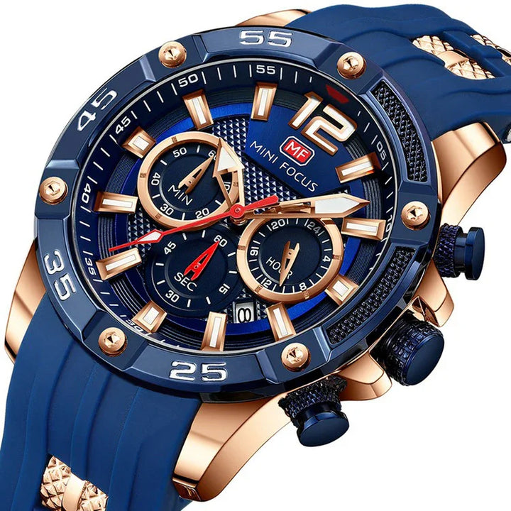Mini Focus men's blue and rose gold chronograph watch with silicone strap and detailed dial