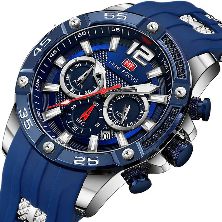 Blue Mini Focus chronograph watch with stainless steel case, red second hand, and blue silicone strap