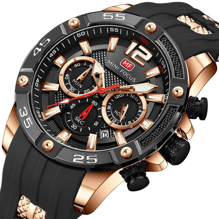 Mini Focus men's black and rose gold chronograph watch with rubber strap