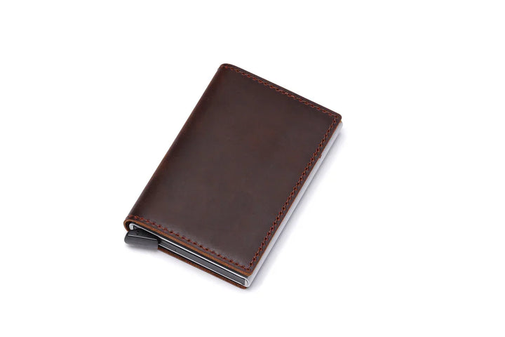 Compact dark brown leather wallet with red stitching, sleek and minimalist design