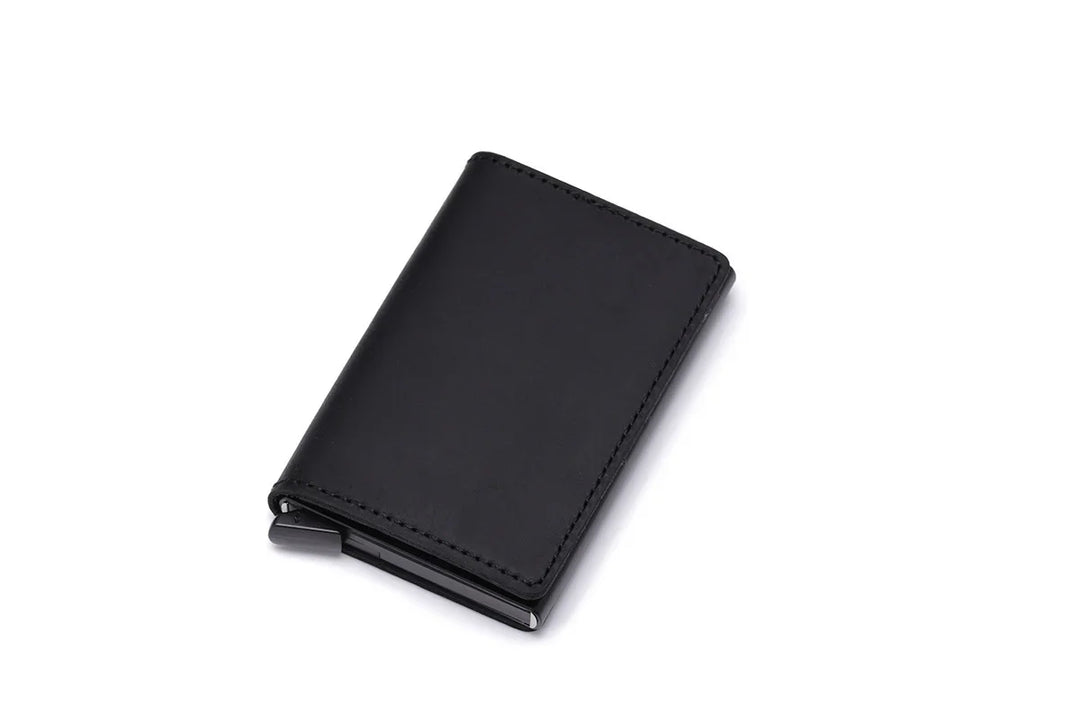 Sleek black leather wallet with minimalist design on white background