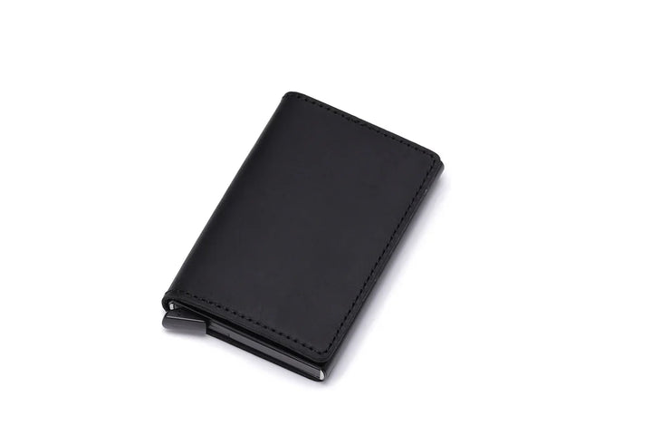 Sleek black leather wallet with minimalist design on white background