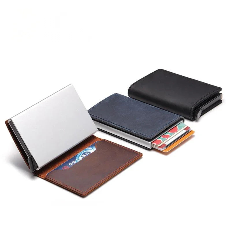Three slim card holders in brown, navy, and black with multiple card slots on white background