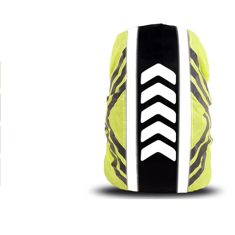 High visibility neon yellow backpack cover with reflective stripes and chevron design.