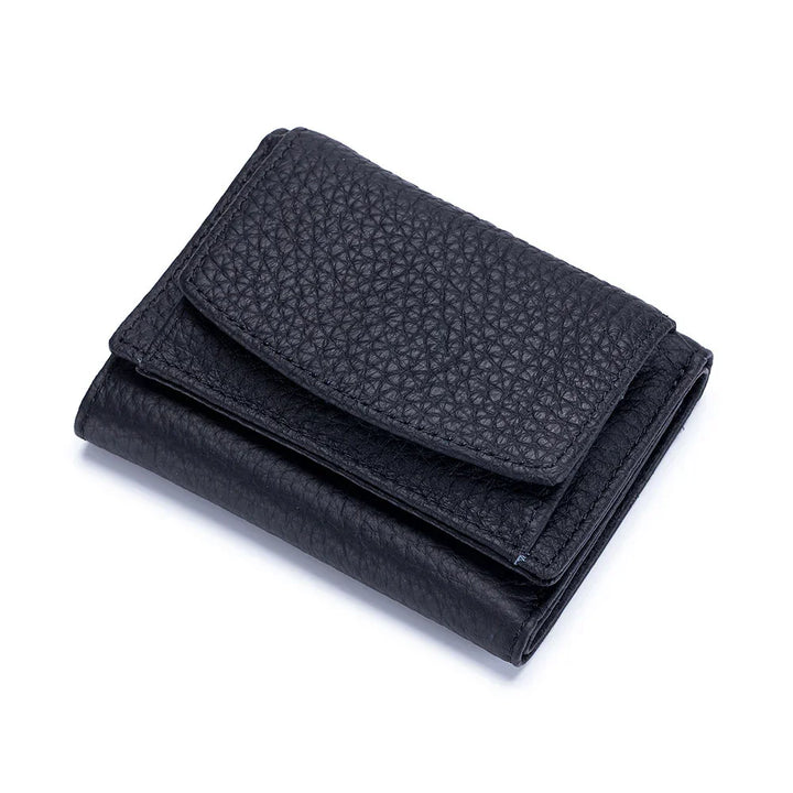 Black textured leather trifold wallet on white background