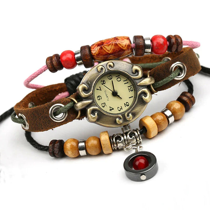 Vintage-style quartz wristwatch with leather strap, wooden beads, and decorative charms