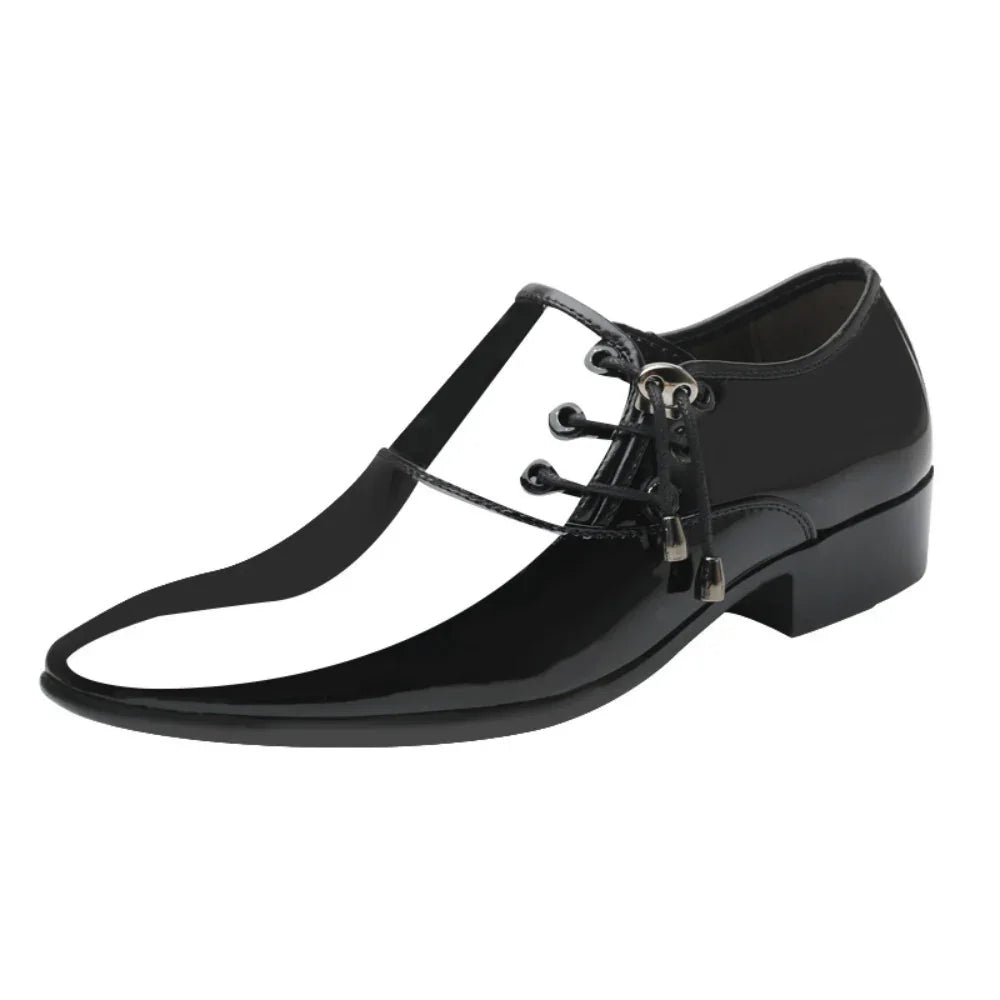 Black glossy patent leather men's formal shoe with lace-up T-strap design