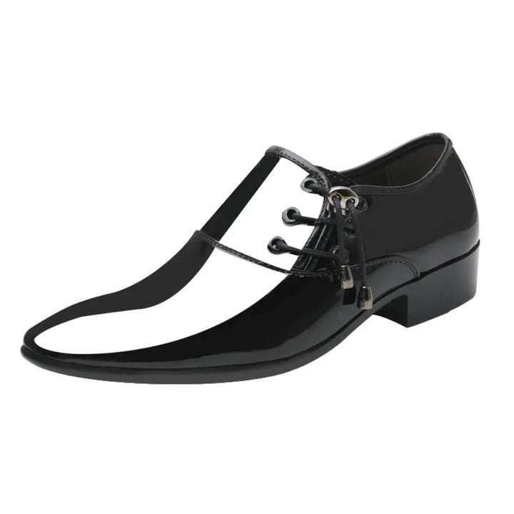 Black glossy patent leather men's formal shoe with lace-up T-strap design