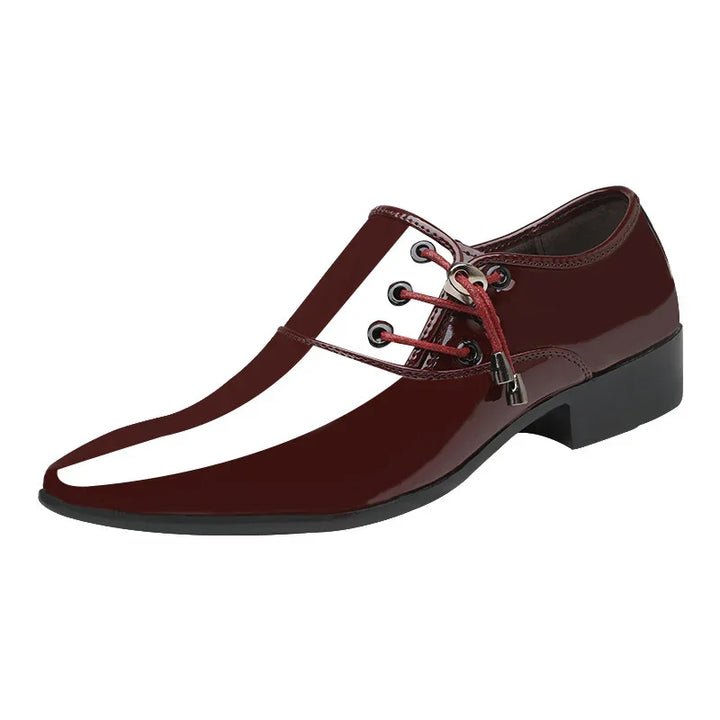 Men's shiny burgundy leather dress shoe with red laces and black sole