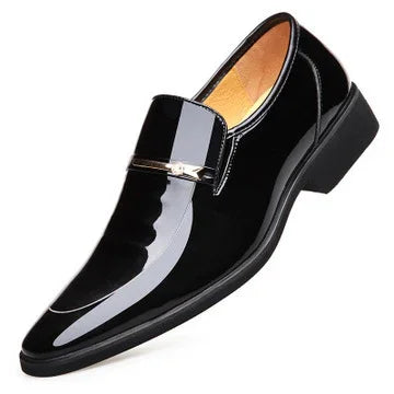 shiny black patent leather men's formal slip-on shoe with decorative metal detail