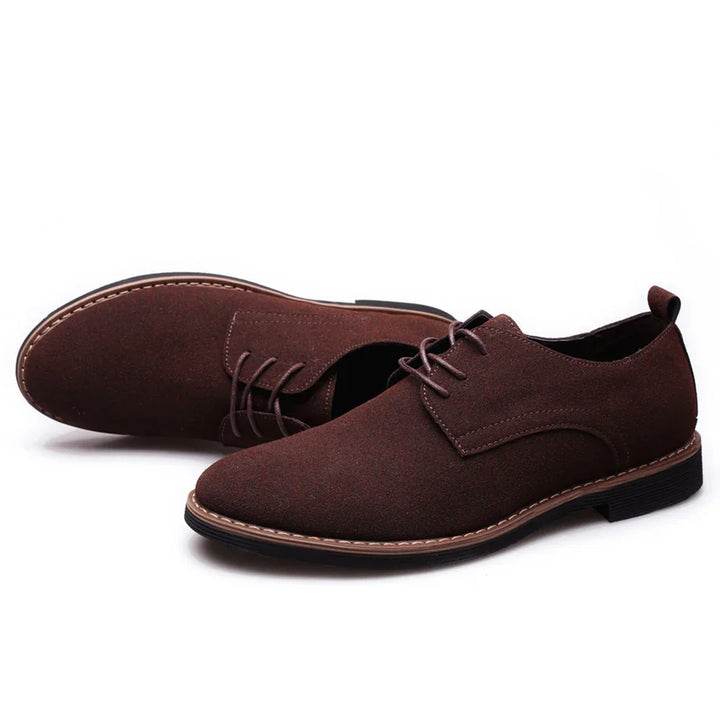 Brown suede men's casual lace-up shoes with round toes and stitched soles