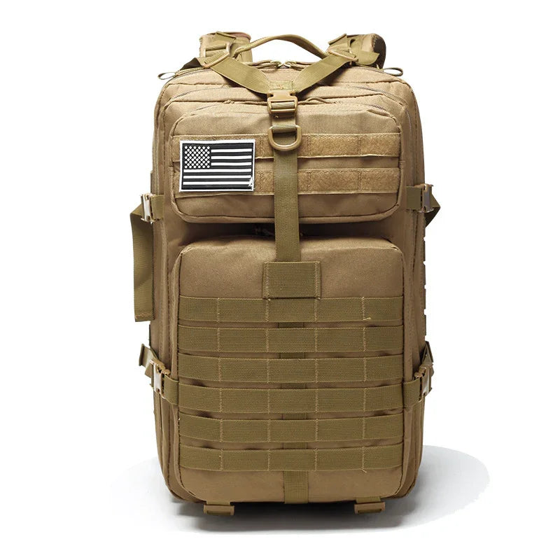Tan tactical backpack with MOLLE webbing and American flag patch, isolated on white