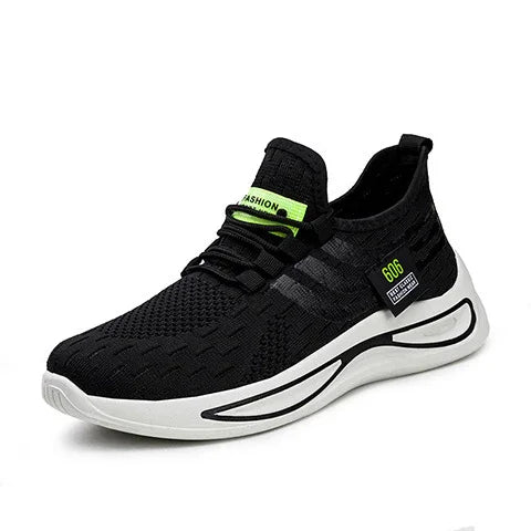 Black knit athletic sneaker with white sole and neon green label reading 606 fashion