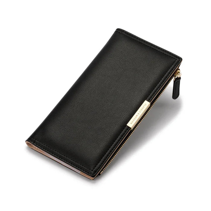 black leather zip-around wallet with gold zipper and classic modern label on white background