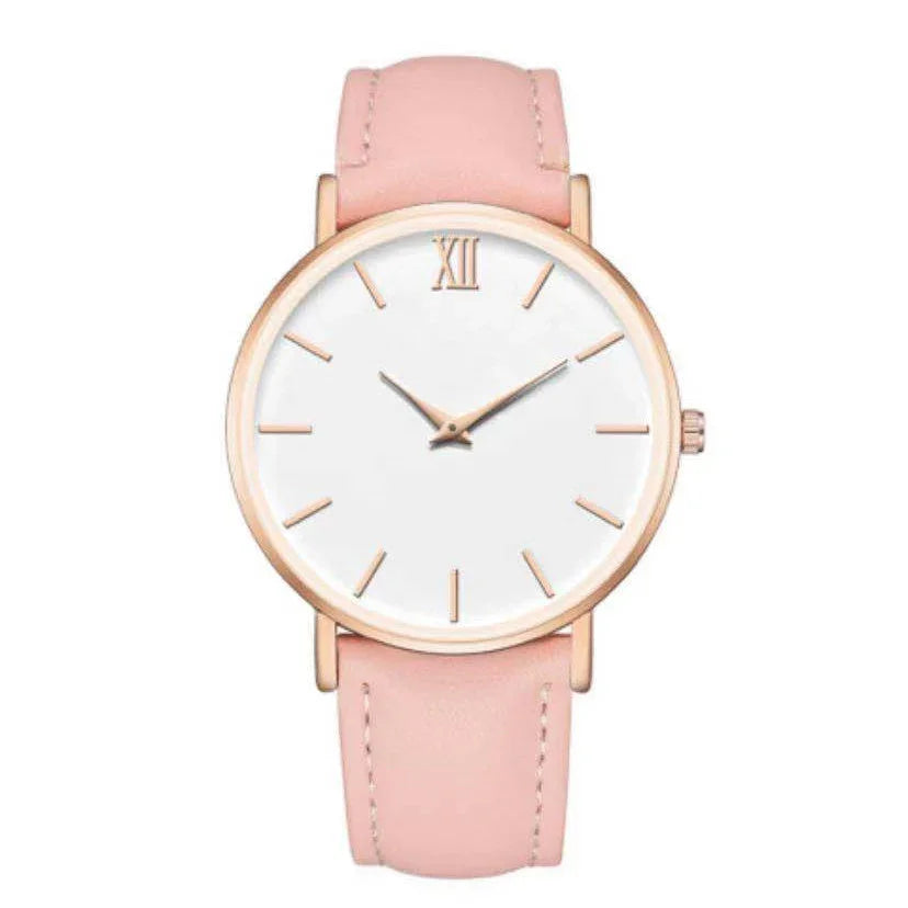 Elegant wristwatch with rose gold case, white dial, and soft pink leather strap