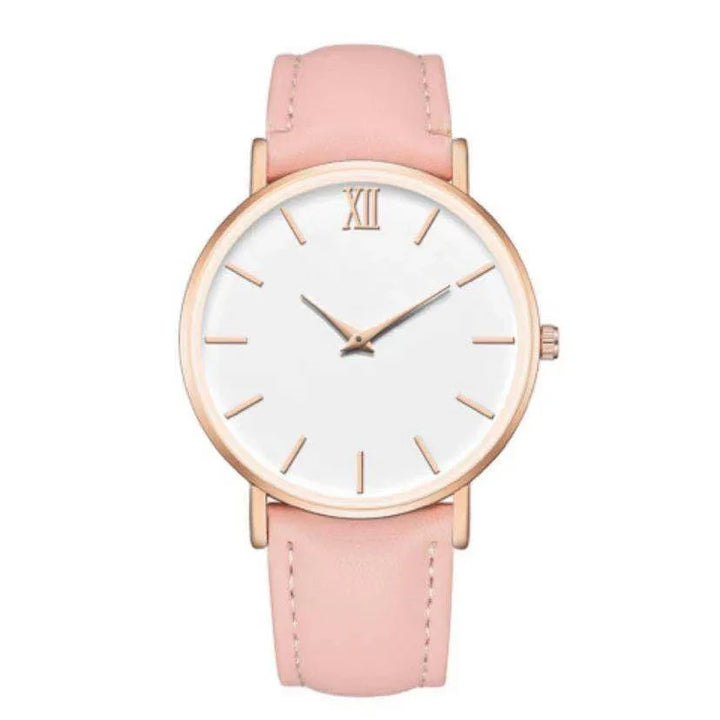 Elegant wristwatch with rose gold case, white dial, and soft pink leather strap