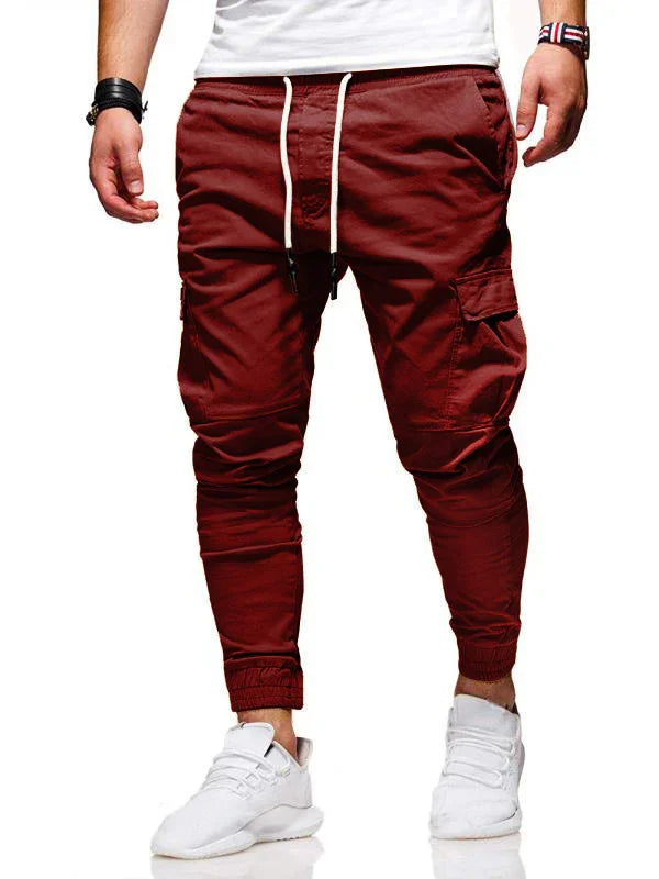 men's slim fit maroon cargo jogger pants with white drawstring and ankle cuffs