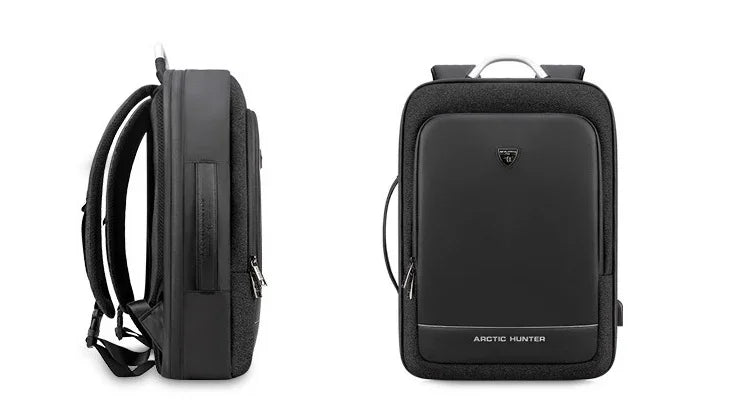 Arctic Hunter sleek black laptop backpack shown from front and side views with padded straps and logo