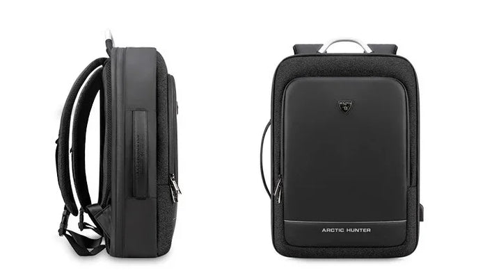 Arctic Hunter sleek black laptop backpack shown from front and side views with padded straps and logo