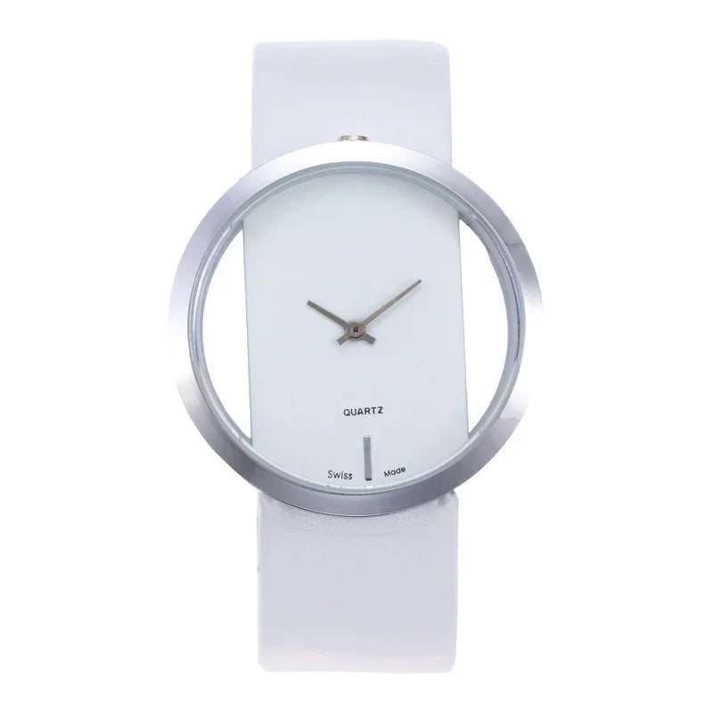 Minimalist white quartz wristwatch with transparent dial and silver bezel