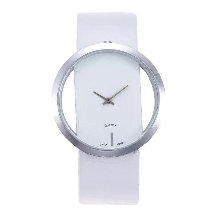 Minimalist white quartz wristwatch with transparent dial and silver bezel