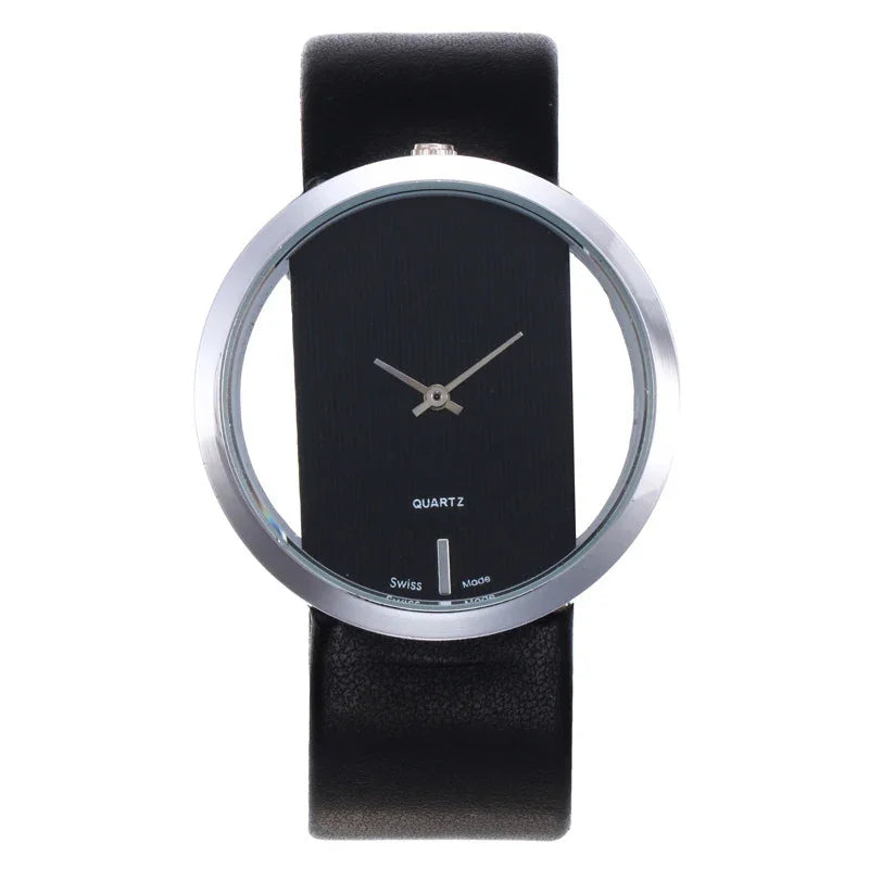 Minimalist black quartz wristwatch with a transparent round dial and silver hands