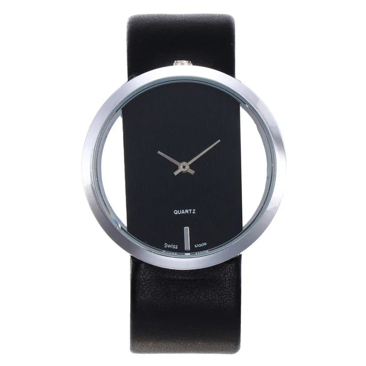 Minimalist black quartz wristwatch with a transparent round dial and silver hands