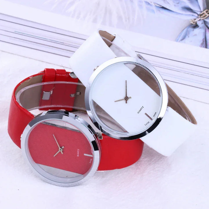 Modern quartz wristwatches with transparent faces and minimalist design, one with red strap and another with white strap