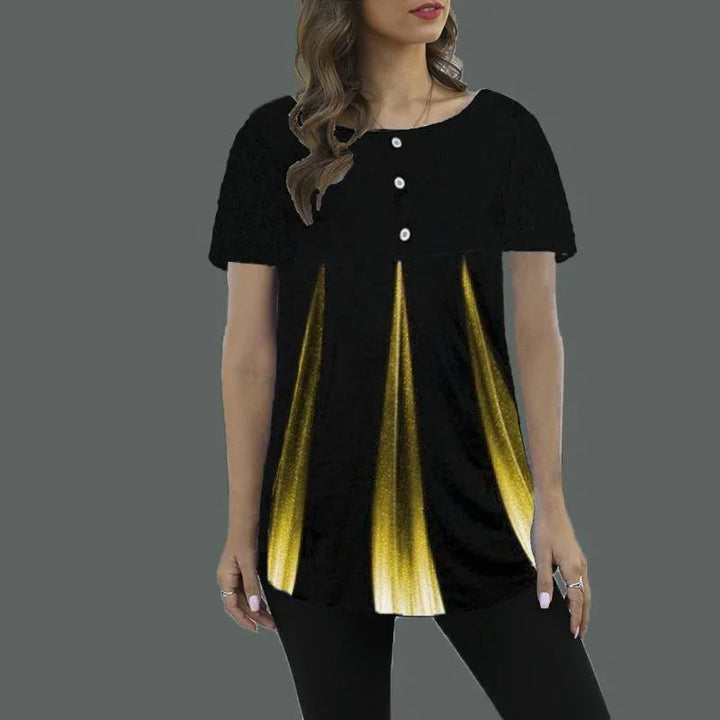 Woman wearing black short sleeve tunic with gold vertical gradient pleats and three white buttons