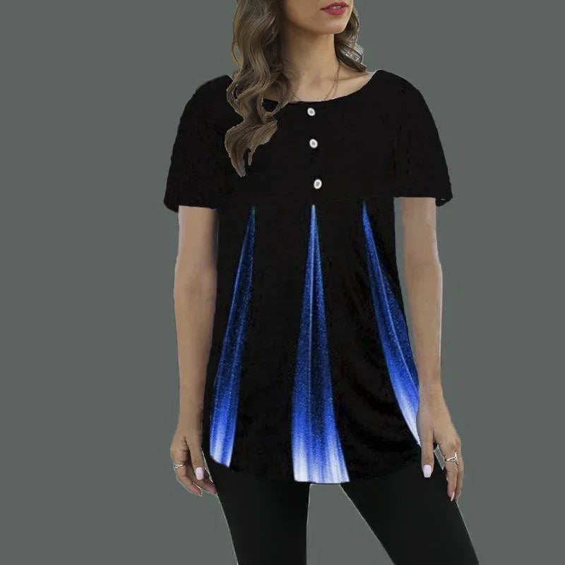 Woman wearing black short-sleeve top with three white buttons and blue vertical gradient design