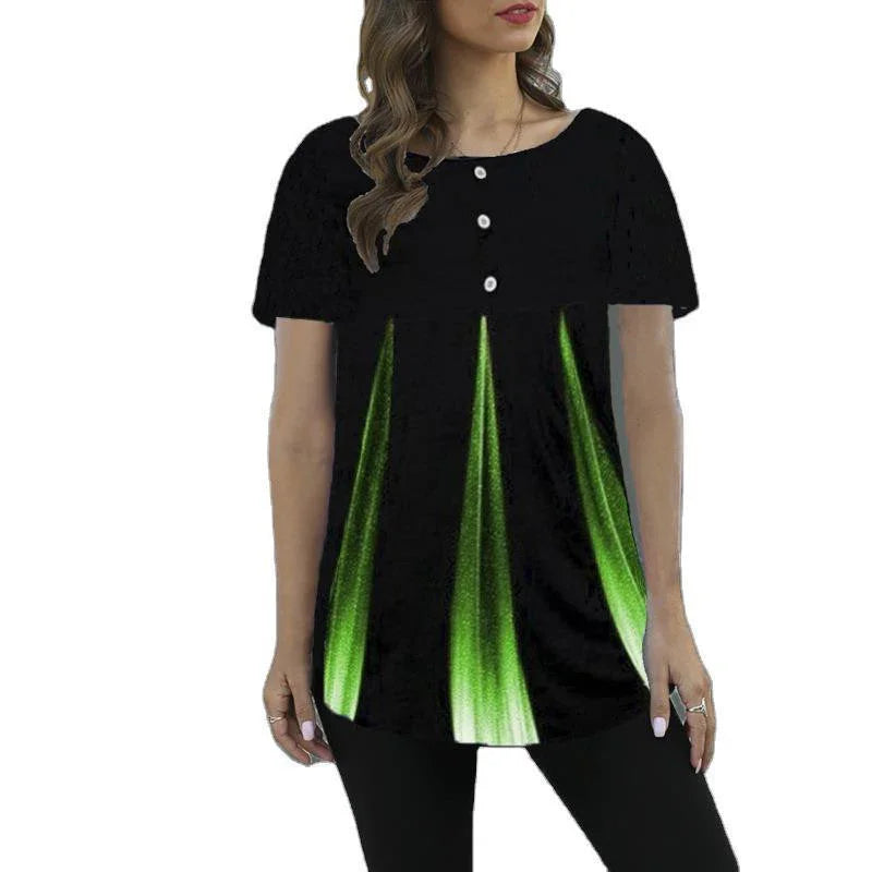 Woman wearing black short-sleeve top with three white buttons and green vertical gradient accents