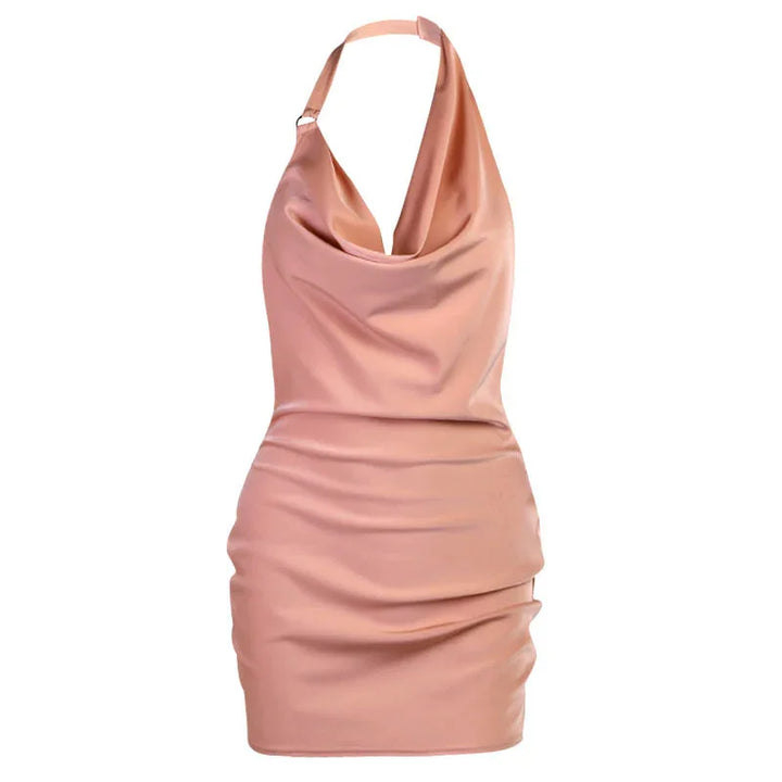 Blush pink satin halter neck mini dress with draped neckline and fitted silhouette