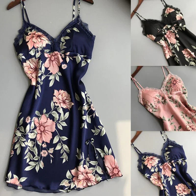 Floral satin slip dresses in navy, black, and pink with lace trim and adjustable straps