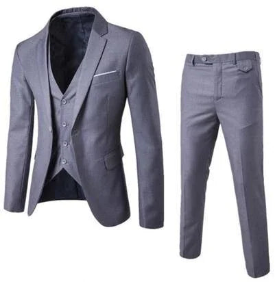 Three-piece gray men's suit with jacket, vest, and tailored trousers on white background