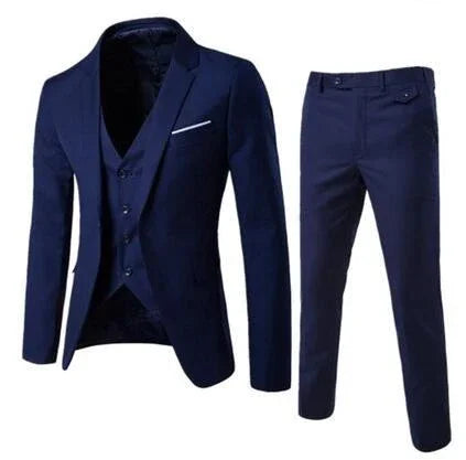 Navy blue three-piece men's formal suit with blazer, waistcoat, and trousers