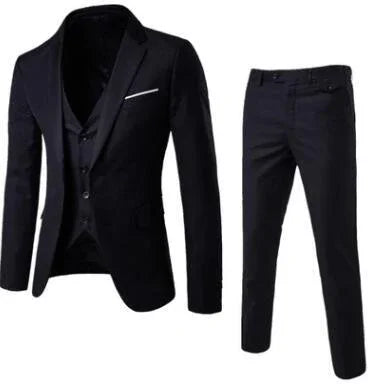 Men's black tailored three-piece suit with jacket, waistcoat, and slim-fit trousers