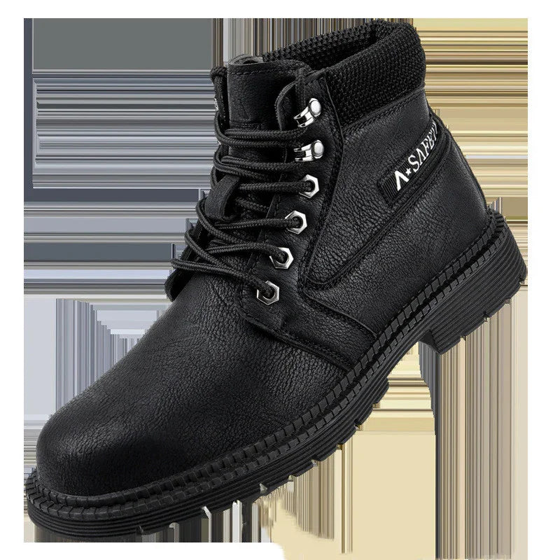 Black leather safety work boot with padded collar, metal eyelets, and textured sole