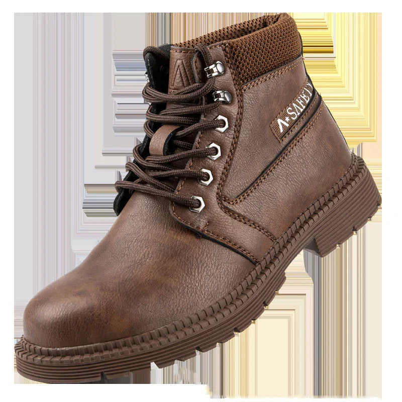 Brown leather lace-up safety boot with padded ankle collar and rugged sole
