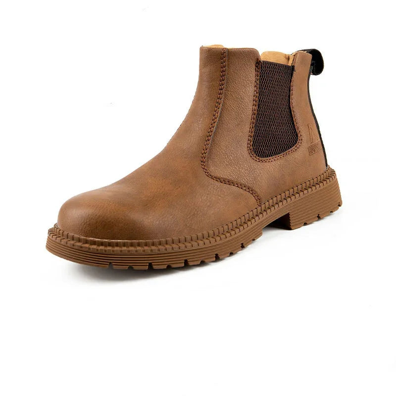 Brown leather Chelsea boot with elastic side panel and textured sole on white background