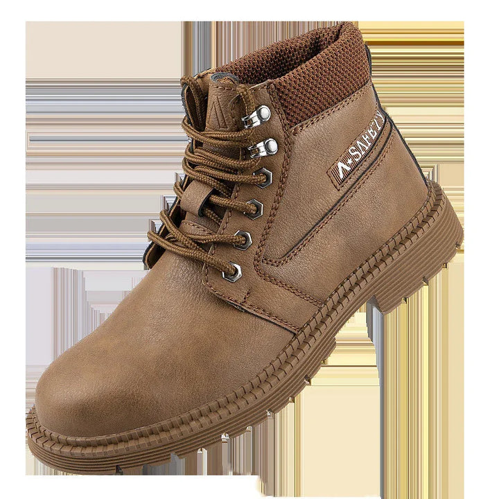 Brown leather ankle boot with padded collar, lace-up front, and rugged sole