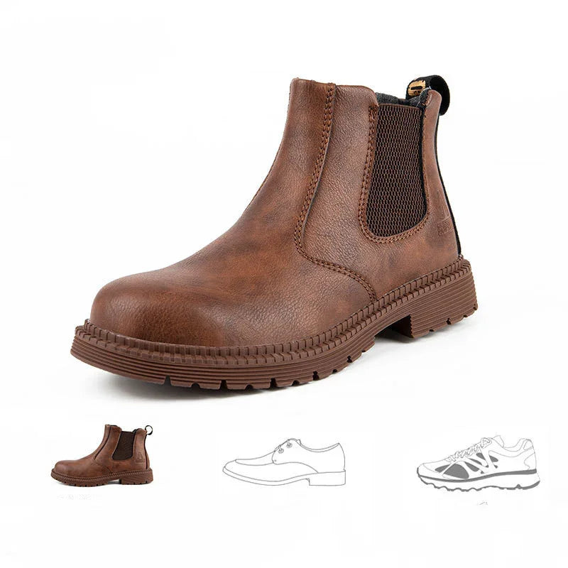 Brown leather Chelsea boot with textured sole and elastic side panels on white background
