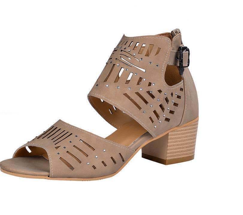 Taupe women's open-toe block heel sandal with laser-cut design and black buckle strap
