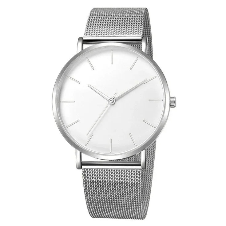 Minimalist silver wristwatch with mesh band and white dial on white background