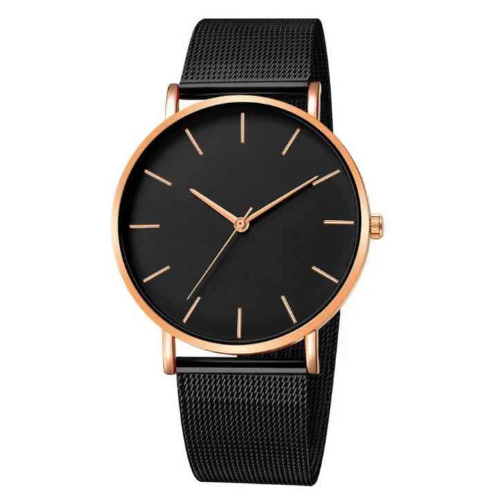 Minimalist black wristwatch with rose gold case and mesh strap, modern analog design