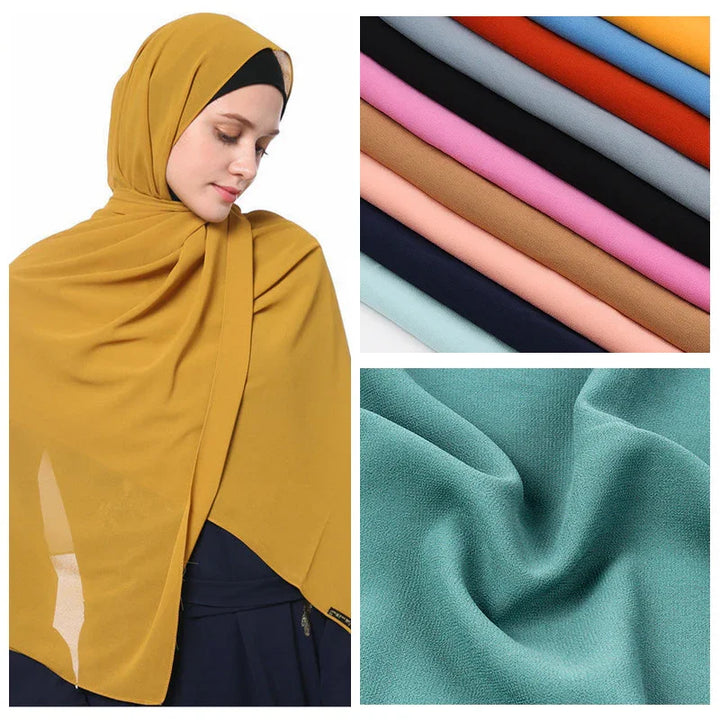 Woman wearing mustard yellow hijab with fabric swatches in various colors and texture close-up